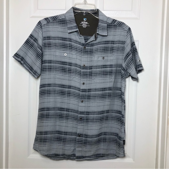 KUHL Skorpio Cotton Linen Blend Button Down Short Sleeve Plaid Gray Shirt S - Picture 4 of 16